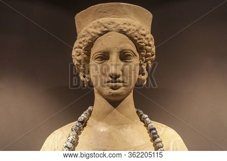 Carthaginian Goddess Tanit. Bust Garnished With Jewelry. Catalan Museum Of Archaeology, Barcelona, S