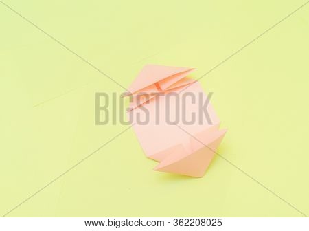 Origami Pink Heart On A Green Background, Step By Step Instructions. As Great Idea For A Hand Made D