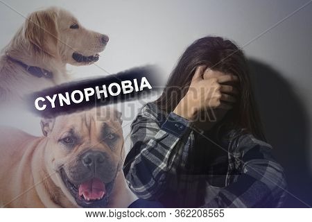 Scared Young Woman Suffering From Cynophobia On White Background. Irrational Fear Of Dogs