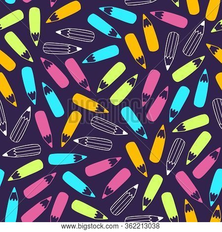 Seamless Pencil Pattern In Vector. Hand Drawn Colorful Illustration With Stationery. Doodle Endless 