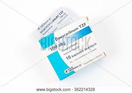 Tbilisi, Georgia- April 18, 2020: Doxyciclin Antibiotics Medicine Closeup