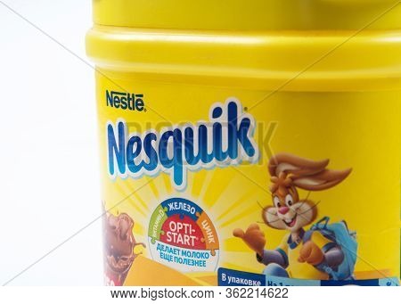 Tbilisi, Georgia- April 18, 2020: Nesquick Nestle Cocoa Powder Drink On White