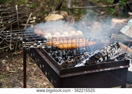 Bbq Beef Kebabs On A Hot Grill Closeup. Arabian And Iranian Kabab.