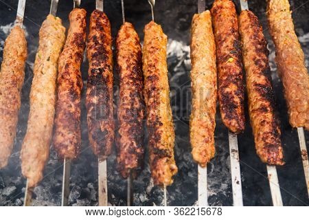 Bbq Beef Kebabs On A Hot Grill Closeup. Arabian And Iranian Kabab.