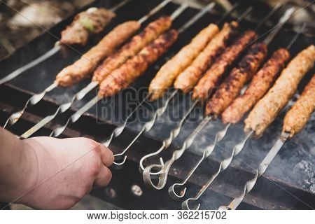 Bbq Beef Kebabs On A Hot Grill Closeup. Arabian And Iranian Kabab.