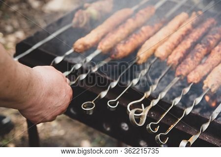 Bbq Beef Kebabs On A Hot Grill Closeup. Arabian And Iranian Kabab.
