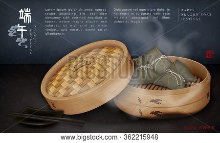 Happy Dragon Boat Festival Background Template Traditional Food Rice Dumpling And Bamboo Steamer. Ch