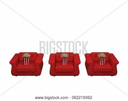 Red Couch With 3d Popcorn On A White Background