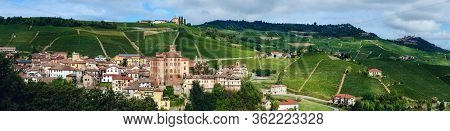 Panorama Of Barolo (piedmont, Italy) With The Town, The Medieval Castle And The Vineyards. Barolo Is