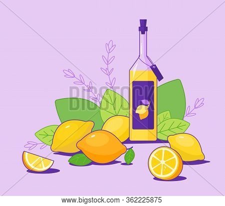 Bottle Of Fresh Homemade Lemonade. Bottle Of Tasty Limoncello. Still Life Food With Fresh Juicy Brig