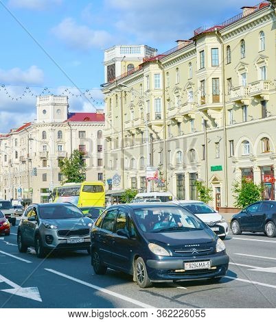 Minsk, Belarus - July 17, 2019: Traffic On A Central Independense Avenue. Independence Avenue  Is Th