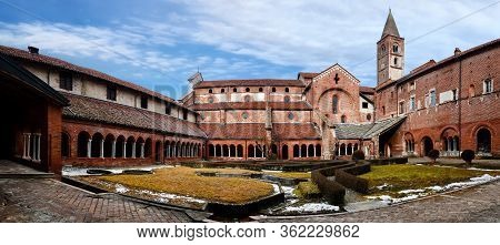 Revello, Italy - January 22, 2017 - Cloister Of The Abbazia Di Staffarda (abbey Of Staffarda) Romane