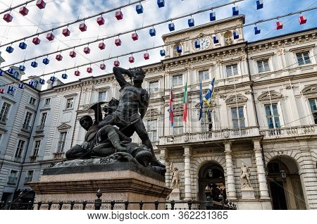 Turin (italy), Palazzo Di Città (town Hall) With The Monument In Memory Of Amedeo Vi Of Savoia, Also