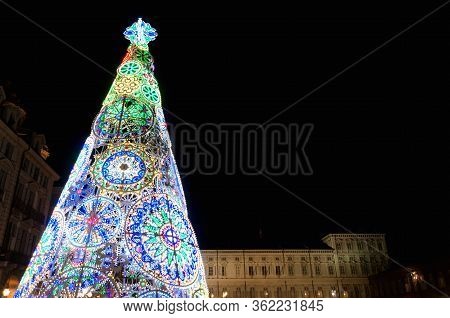 Trin (piedmont, Italy): Piazza Castello, Main Square Of The City, Illuminated By The Christmas Tree 