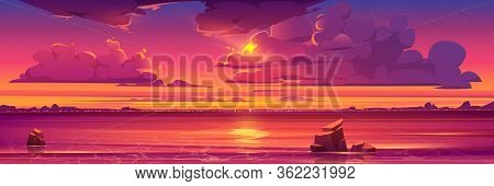 Sunset In Ocean, Pink Clouds In Sky With Shining Sun Above Sea With Rocks Sticking Up Of Water And C