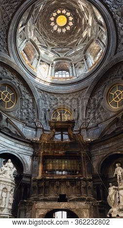 Turin, Italy - March 7, 2019: View Of The Holy Shroud Chapel Inside The Cathedral Of Turin, Restored