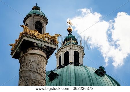 Detail Of The Columns And Of The Dome Of The Karlskirche (saint Charles Church) In Vienna, Austria, 