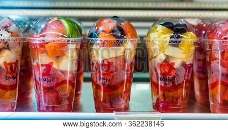 Singapore - Mar 3, 2020: Pre-packaged Fruits Put Up For Sale In A Commercial Refrigerator