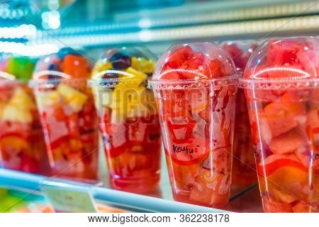 Singapore - Mar 3, 2020: Pre-packaged Fruits Put Up For Sale In A Commercial Refrigerator
