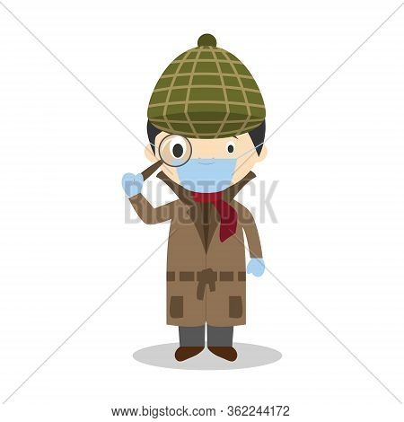 Cute Cartoon Vector Illustration Of A Detective With Surgical Mask And Latex Gloves As Protection Ag