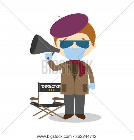 Cute Cartoon Vector Illustration Of A Filmmaker With Surgical Mask And Latex Gloves As Protection Ag