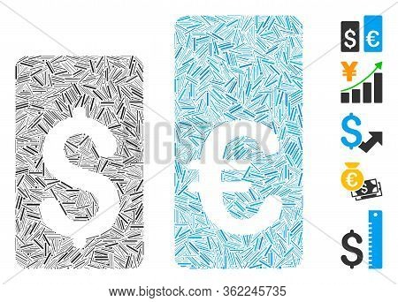 Linear Mosaic Currency Rate Bars Icon Composed Of Narrow Elements In Variable Sizes And Color Hues. 