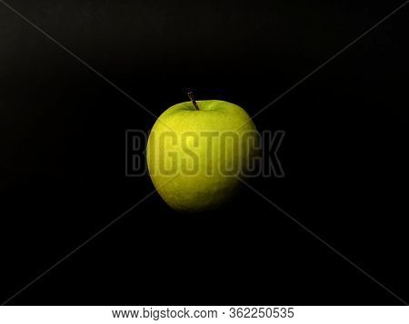 Green Apple Isolated On Black Background, Perfect Fresh