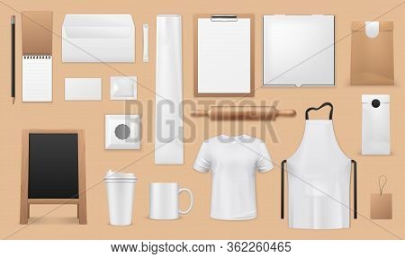 Bakery And Pastry Shop Corporate Identity Realistic Templates. Vector Blank Mockups Of Apron, Bread 