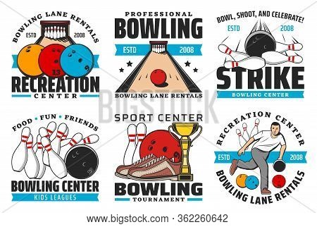 Bowling Sport Club Vector Icons With Game Balls And Pin Strike On Alley, Bowling Competition Winner 