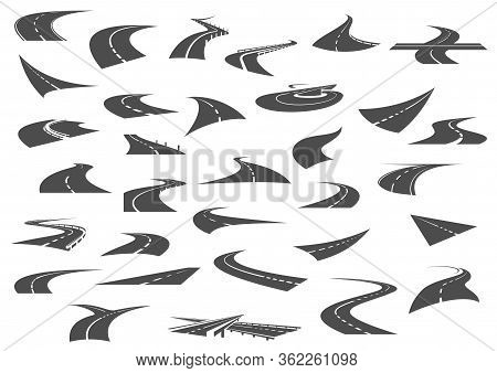 Highway Road Black Silhouettes Of Traffic, Transportation And Travel Vector Design. Asphalt Path Way