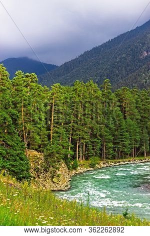 Bolshoy Zelenchuk River In The Caucasus Mountains On A Summer Day
