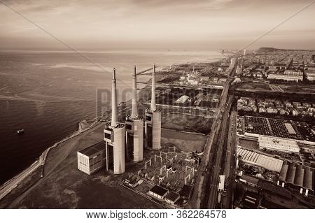 Besos thermic power plant aerial view in Barcelona coast Spain.