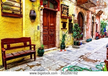 Colorful traditional Greece series - narrow streets in old town of Rethymno, Crete island
