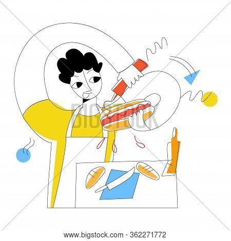 Vector Flat Illustration With Young Man Cooking Hot Dog In Mess. The Concept Of City Meals On Wheels