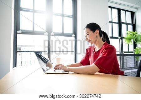 Work At Home, Video Conference, Online Meeting Video Call, Portrait Of Beautiful Young Asian Woman L
