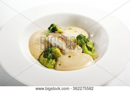 Sea cod fillet close up. Served cuisine. Dish with fish and baked broccoli puree ingredients in white plate isolated. Luxury culinary. Restaurant food portion, delicious supper, main course