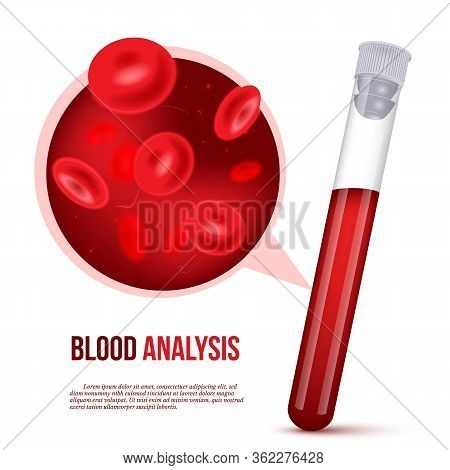 Blood Analysis Advertising Poster Realistic Design With Test Tube Filled Blood And Cell In Red Human