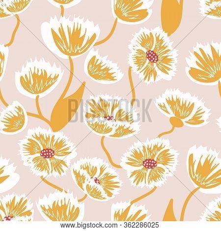 Yellow Flowers Seamless Vector Pattern On A Pale Background. Feminine Surface Print Design. For Tili