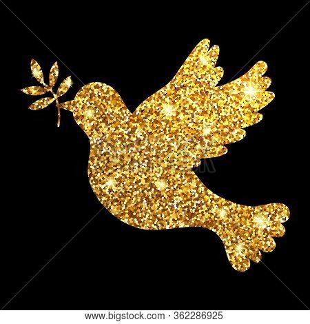 Gold Glitter Dove On Black Background. Silhouette Pigion. Symbol Peace.