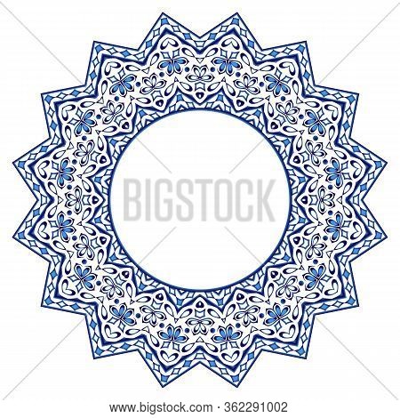 Ceramic Tile Pattern. Decorative Round Ornament. White Background With Art Frame. Islamic, Indian, A