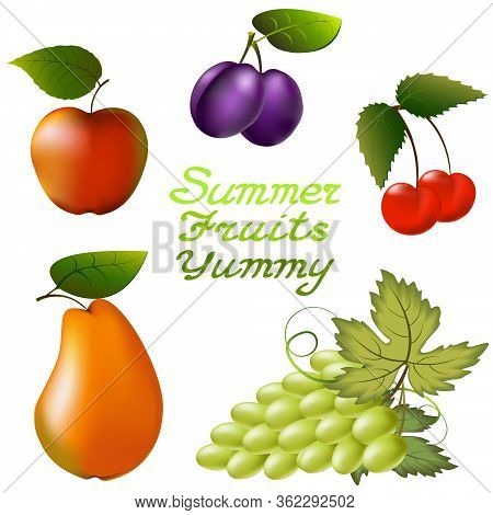 Collection Of Bright Ripe Fruits On A White Background.illustration With Colored Fruits On A White B