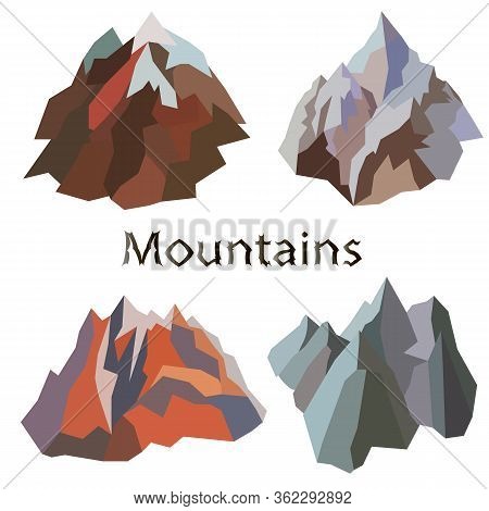 Collection Of Mountains In Color On A White Background.set Of Colored Mountains On A White Backgroun
