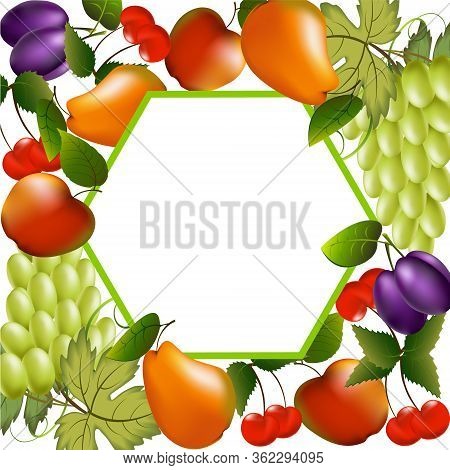 Greeting Card With Decor Of Bright Fruits.fruits And Berries In A Card With A Frame.