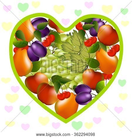 Greeting Card With Fruits Inside The Heart.berries And Fruits In A Card On A Colored Background.