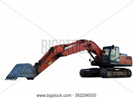 Red Tracked Excavator Isolated On White Background. Isolation Of Backhoe At A Construction Site