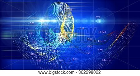 Abstract Futuristic Background Of Data Color Dots Flow And Blurred Lines. Quantum Virtual Cryptograp