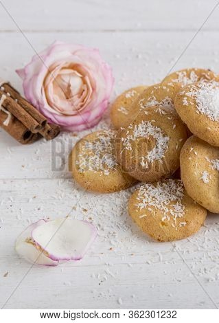 Homemade Coconut Cookies, Light Background And Pink Rose