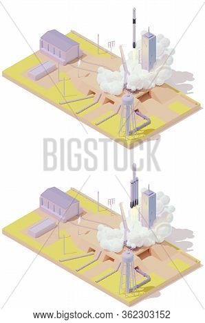 Vector Isometric Space Rocket Launch Complex Infographic. Modern Spaceship On The Launch Pad. Rocket