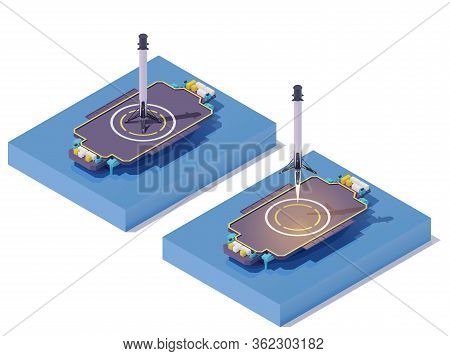 Vector Isometric Rocket Landing On Barge. Space Ship Sea Launch Or Landing. Autonomous Spaceport Dro
