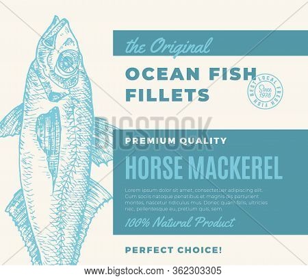Premium Quality Fish Fillets. Abstract Vector Fish Packaging Design Or Label. Modern Typography And 